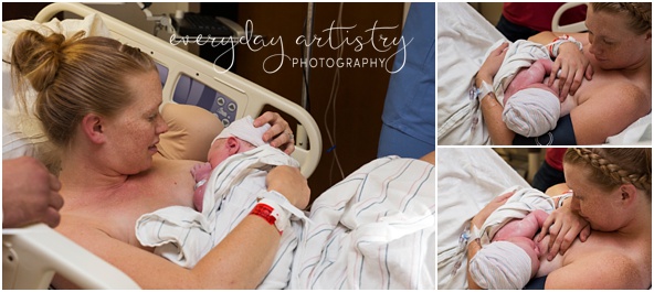 baby nursing for the first time with mom in hospital