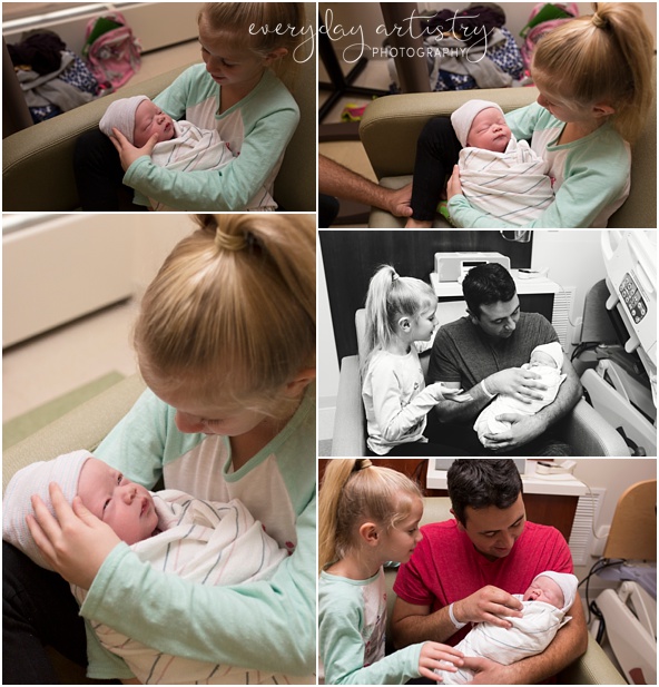 big sister holding baby blanket with dad in hospital