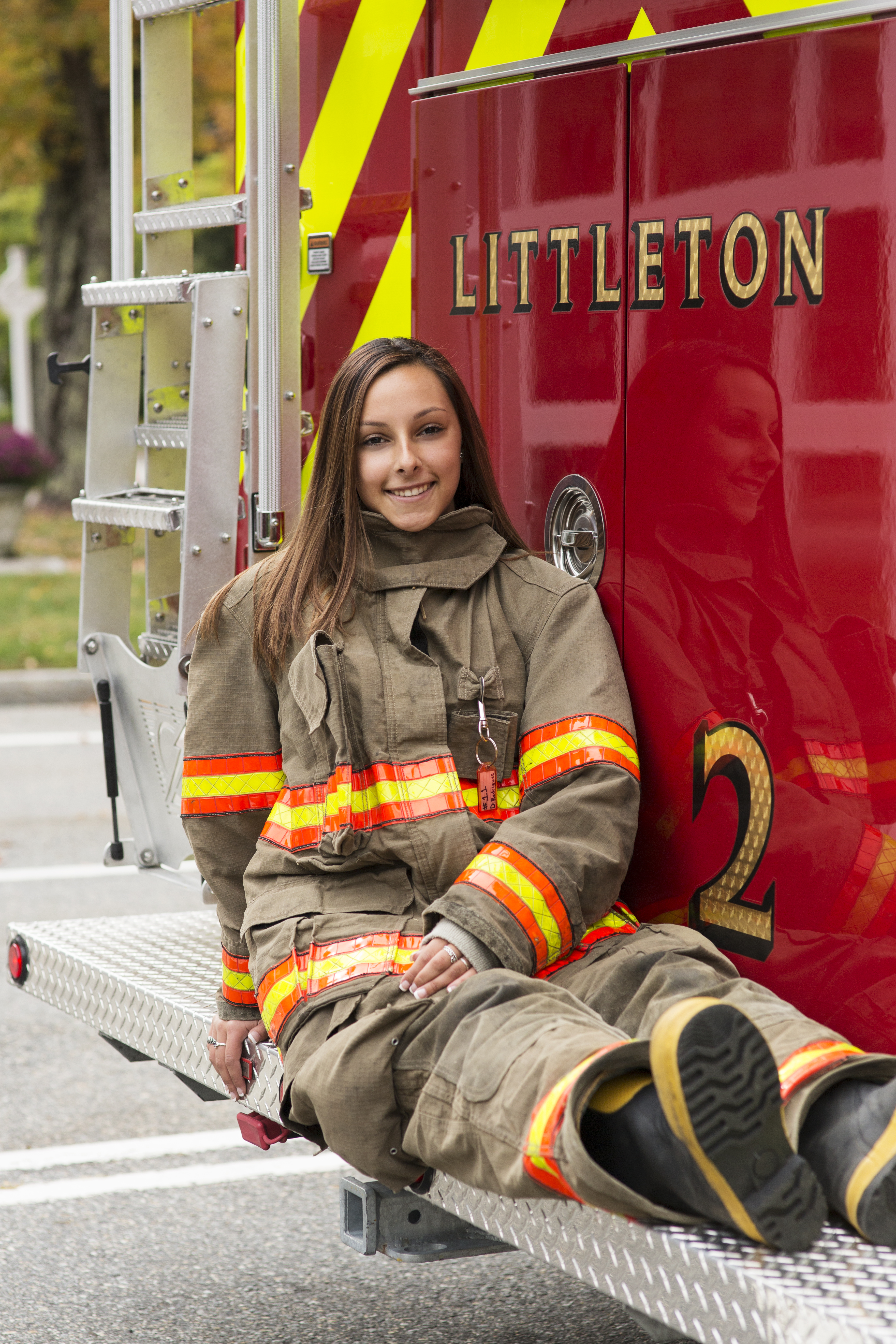 senior firefighter portraits with truck and uniform gear