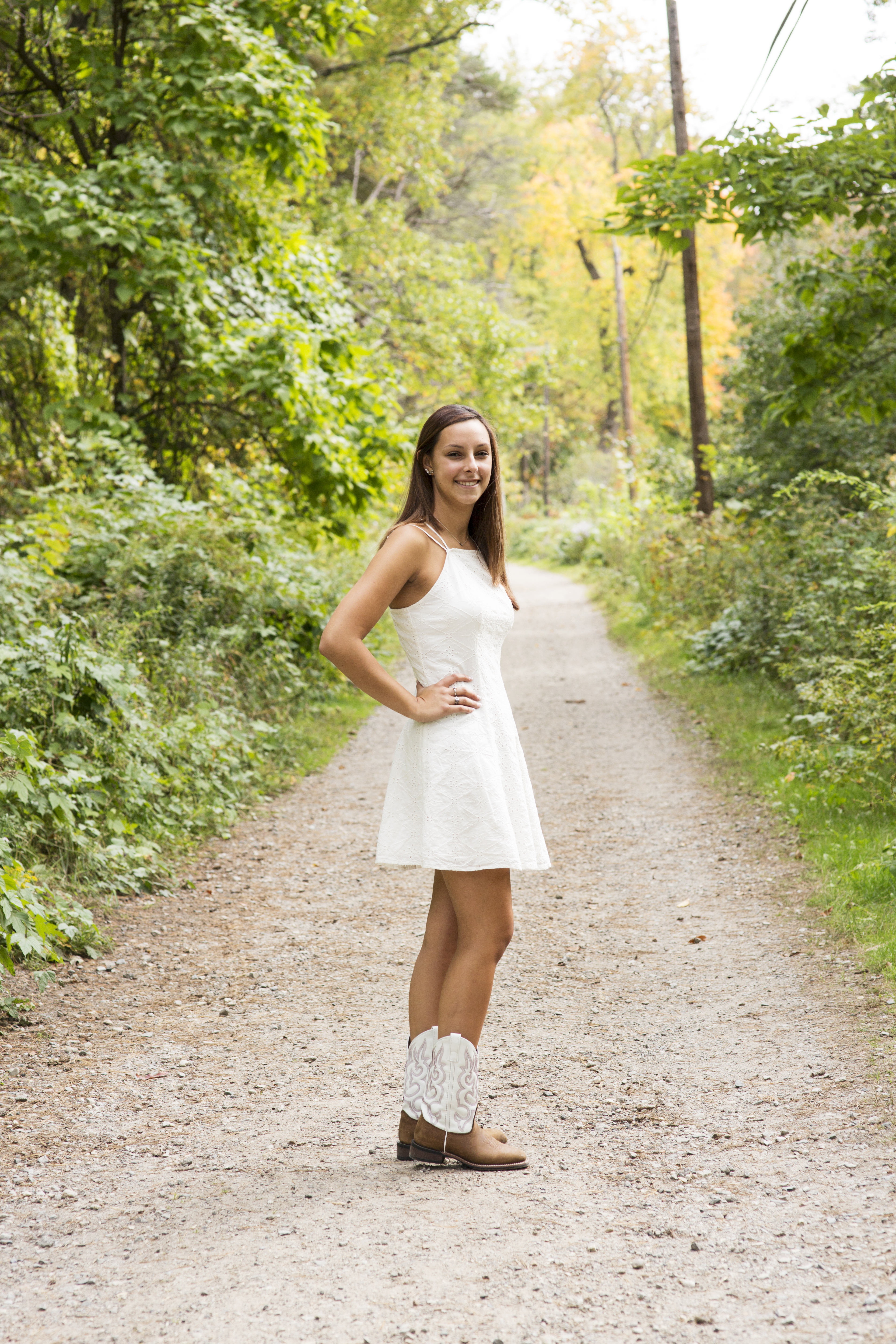 senior portrait country road white dress boots